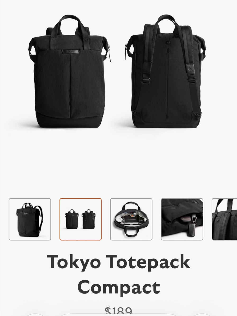 Bellroy Black Tokyo Totepack Compact Backpack 14L - Picture 2 of 7
